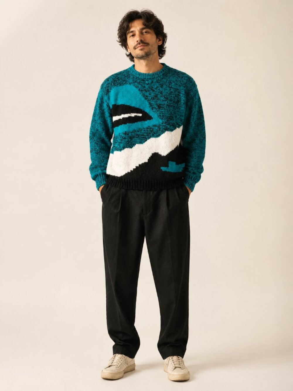 Vintage JED Sweater Men’s Large Teal Black Abstract Geometric Knit 90s